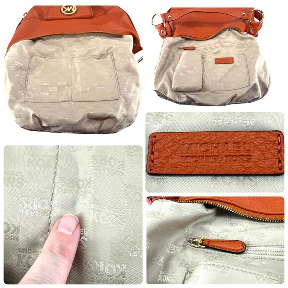 MICHAEL KORS Fulton Large Hobo Bag Orange Pebble Leather Purse Gold Plated Logo - Picture 12 of 15